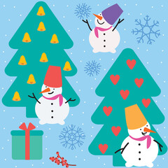 Snowmen and decorated fir or pine trees. Christmas and new year seamless pattern.