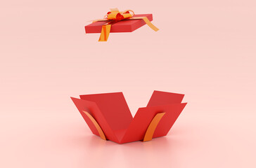 Open Christmas gift box for product advertisement on red or pink background, 3d rendering illustration. Holiday banner, web poster, flyer, stylish brochure, greeting card, Xmas background