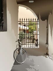 Illustrazione di arte digitale generata dall'intelligenza artificiale di bicicletta appoggiata ad edificio antico