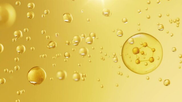 Cosmetic pipette with Cosmetic Essence Oil Serum, Molecule inside Liquid Bubble background.