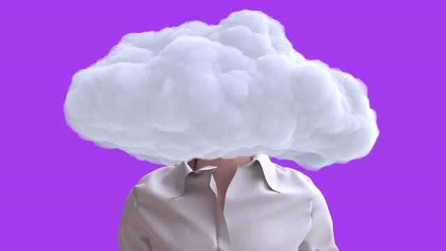 Man body in cloth with white cloud on head. Realistic 3d art composition in creative modern stop motion style. Minimal abstract graphic concept design. Fashion loop animation.