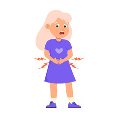 girl with stomach pain. Cute children as medical patient vector illustration. Disease symptoms cartoon kid on white background. Health