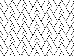 Black large and small overlayed triangle shapes in a repeating geometric line pattern, PNG transparent background