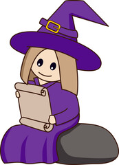Little cute cartoon witch sits on a stone and reads a scroll
