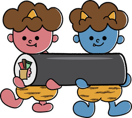 節分　恵方巻きを持つ赤鬼と青鬼