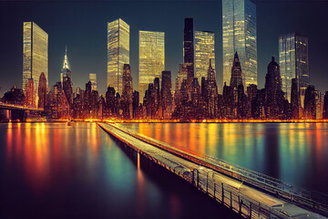 New York city skyline at night, Generative AI Illustration