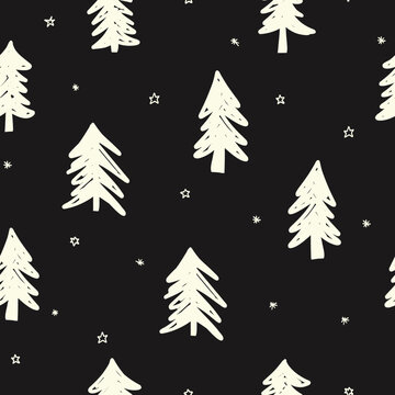 Winter forest black white seamless vector doodle pattern. Fir Christmas trees Hand drawn repeating background. Snow-covered forest tree pattern. Monochrome modern Christmas for gift wrap, fabric