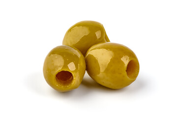 Green olives, isolated on a white background.