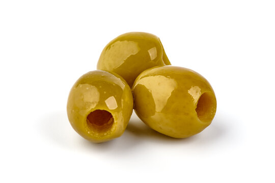 Green olives, isolated on a white background.