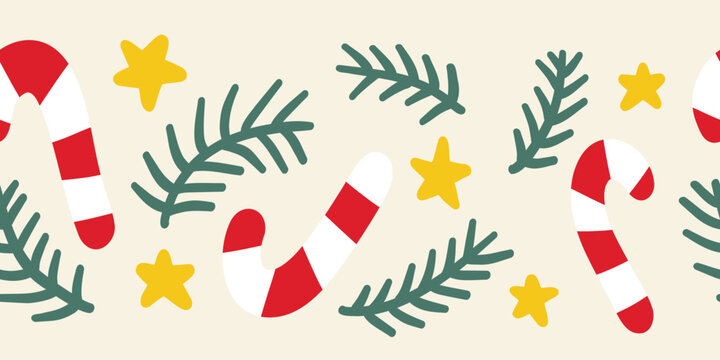 Seamless Christmas border hand drawn vector illustration candy cane, mistletoe, stars. Decorative horizontal repeating Winter holiday art for greeting card decor, banner, ribbon, footer.