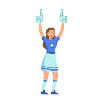 Football or soccer girl cheerleader with gloves index finger number one, flat vector illustration. Team of happy crowd of people