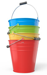 Set of metal garden buckets for hydration of plants isolated on white background