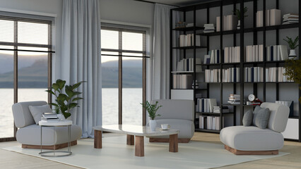Modern and comfortable living room with sofa, coffee table, bookshelves and window with view