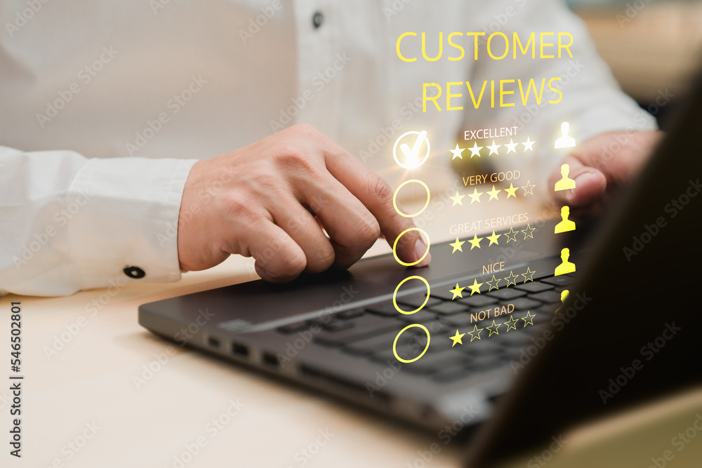 Poster man hand using computer laptop with popup five star icon for feedback review satisfaction service, t