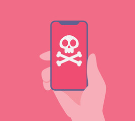 Virus alert message notification on smartphone. Malware and virus notification or error in mobile phone. Red alert warning of spam data, insecure connection, scam. Vector illustration.