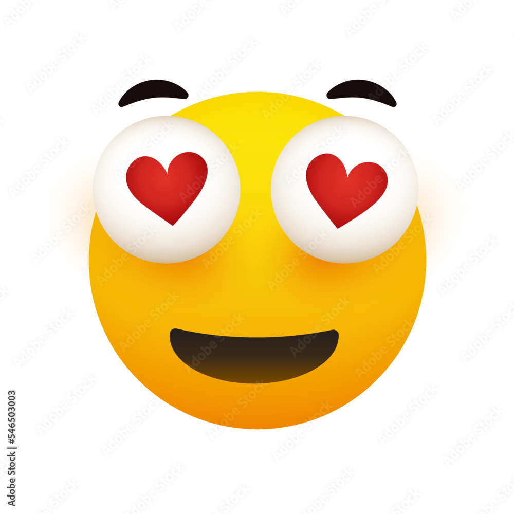 Poster smiling face with heart shape in the pop out bulging eyes - isolated on white background