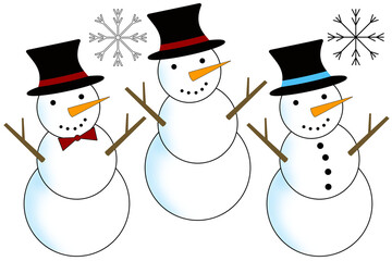 3 snowmen and snowflakes transparent