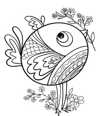 bird with flower outline doodle coloring book for kids graphic sketch isolated on white background sparrow with patterns vector hand drawn