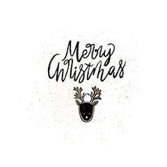 Merry Christmas lettering card with a handdrawn deer cookie. Vector handdrawn illustration.
