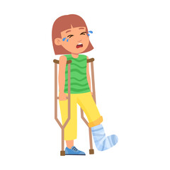 girl with broken leg in cast on crutches. Cute children as medical patient vector illustration. Disease symptoms cartoon kid on white background. Health