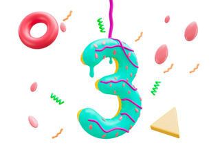 Donut font number 3 isolated 3d cutout