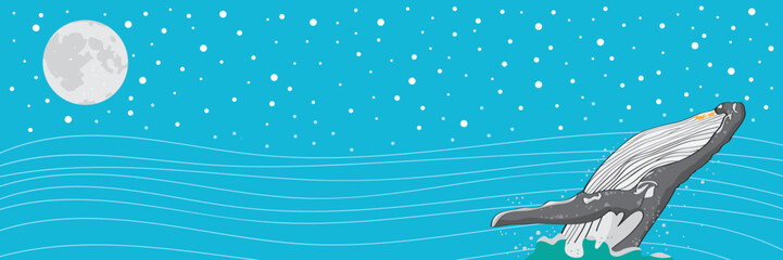 humpback whale, stars and full moon vector illustration 