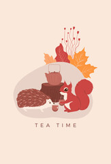 Autumn card with hedgehog and squirrel having tea time