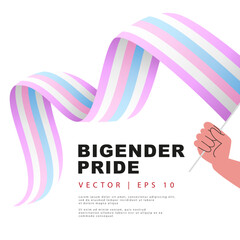 The flag of bigender pride in the hand of a man. Sexual identification. A colorful logo of one of the LGBT flags. Vector illustration