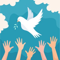 Hands with dove. Peace concept. Vector illustration