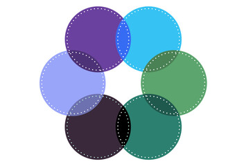 Venn diagram 6 circle with dash line chart infographic sign.