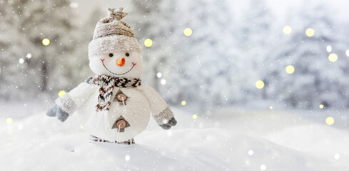 Snowman in winter background, snow fall. Christmas card template.