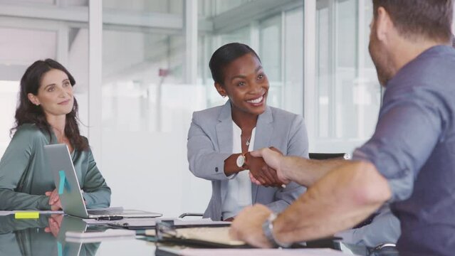 Mature black businesswoman shaking hands with new business partner