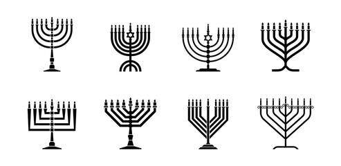 Bundle silhouette Hanukkah menorah icons for Jewish festival of lights vector illustration