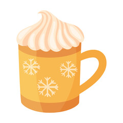 Hot drink in mug with whipped cream, vector illustration. Mug with Christmas decorations for cozy atmosphere, warm drink isolated on white background