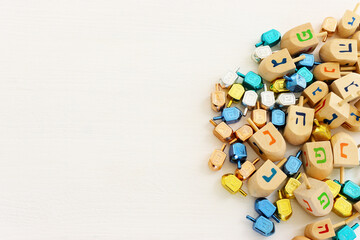 image of jewish holiday Hanukkah background of spinning tops