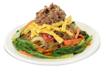 Close-up shot of Korean food for restaurant, pancakes, grilled shrimp with spicy sauce, mixed pieces, seafood udon noodles, shot on white background, photographed Korean food