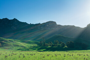 Fototapeta na wymiar Setting sun casting long shadows accross green valley. Majestic ridge of Te Mata rising under clear blue sky. Breathtaking veiw of Hawke's Bay region, New Zealand