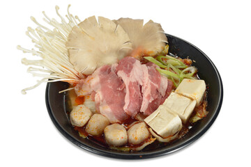 Close-up shot of Korean food for restaurant, pancakes, grilled shrimp with spicy sauce, mixed pieces, seafood udon noodles, shot on white background, photographed Korean food
