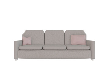 3 seater gray fabric sofa and pillows white background and clipping path. 3D