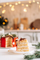 Piece of layer cake against christmas background.