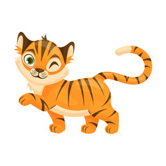 goes brave and bold Funny tiger cartoon character vector illustration. Orange animal with cute muzzle sitting, waving and smiling, symbol of 2022