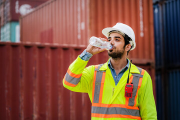 Workers or engineers drink water to quench their thirst at the container yard. Working on hot days....
