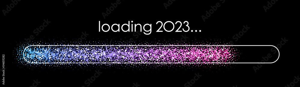 Poster isolated 2023 loading bar with gradient confetti on black background.
