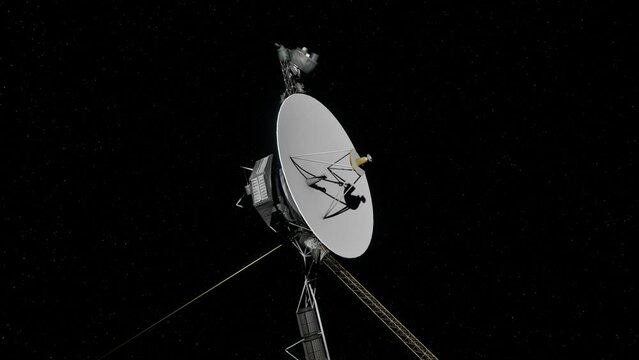 3D Animation of the Voyager space probe as camera slowly moves in