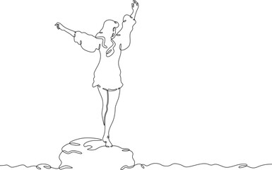 One continuous line. The woman stands with outstretched arms. One continuous line on a white background.