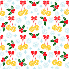 Cute vector winter seamless pattern with jingle bells, holly berries, stars and snowflakes. Happy New Year and Merry Christmas Festive endless background for print, decoration.