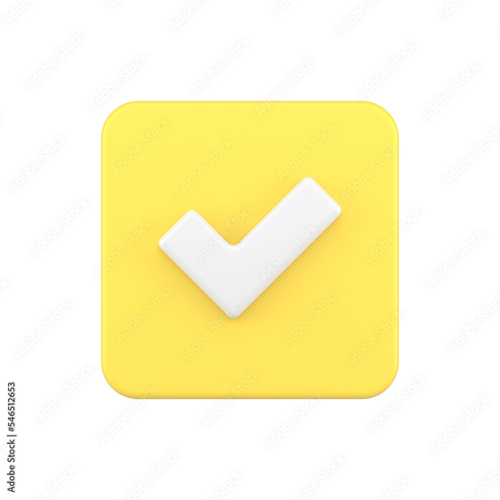 Poster glossy yellow positive vote button with checkmark accept complete task badge 3d icon realistic