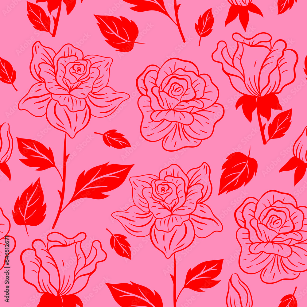 Wall mural Seamless pattern with flowers in pink and red colors. Vector graphics.