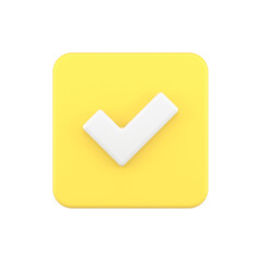 Glossy yellow positive vote button with checkmark accept complete task badge 3d icon realistic