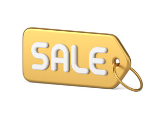 Metallic golden glossy diagonal placed isometric sale tag rope hanging ring realistic 3d icon
